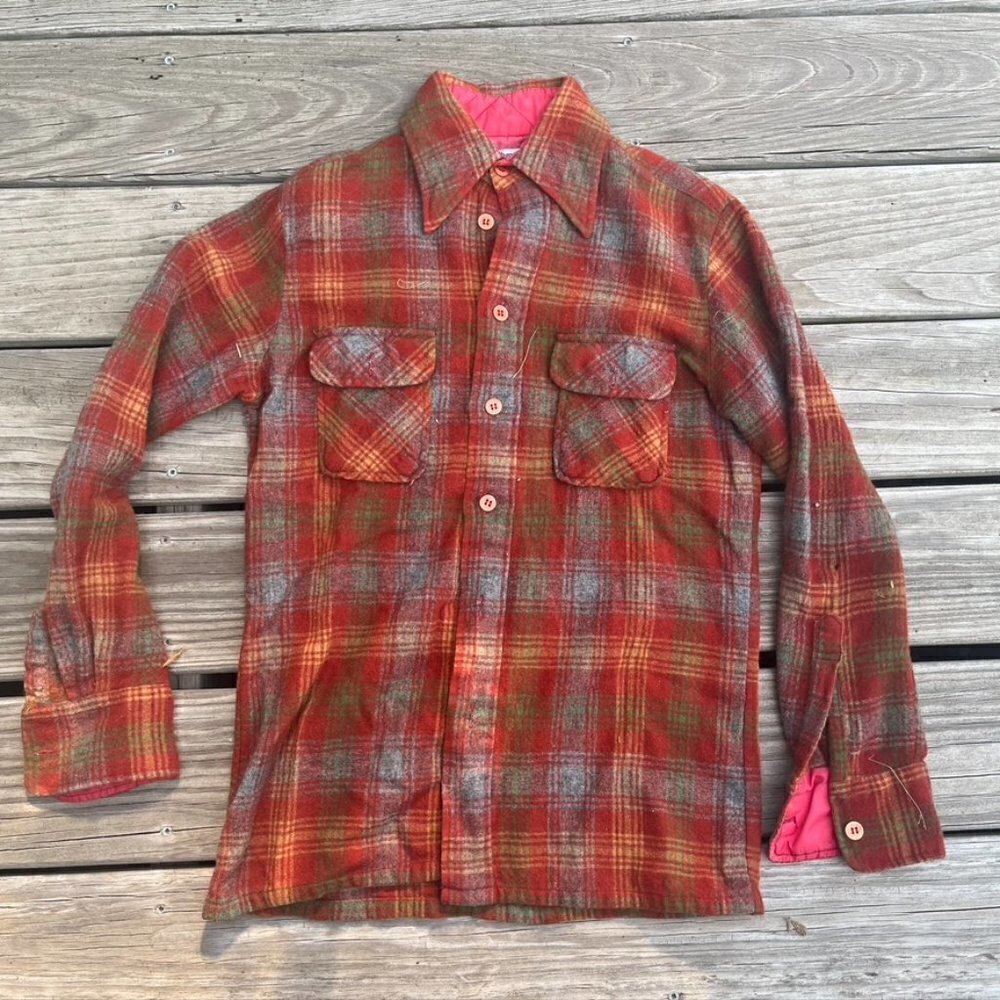 ** Vintage 1970s Richman Bros Red Green Plaid Wool Button Front Shirt S - Picture 1 of 11